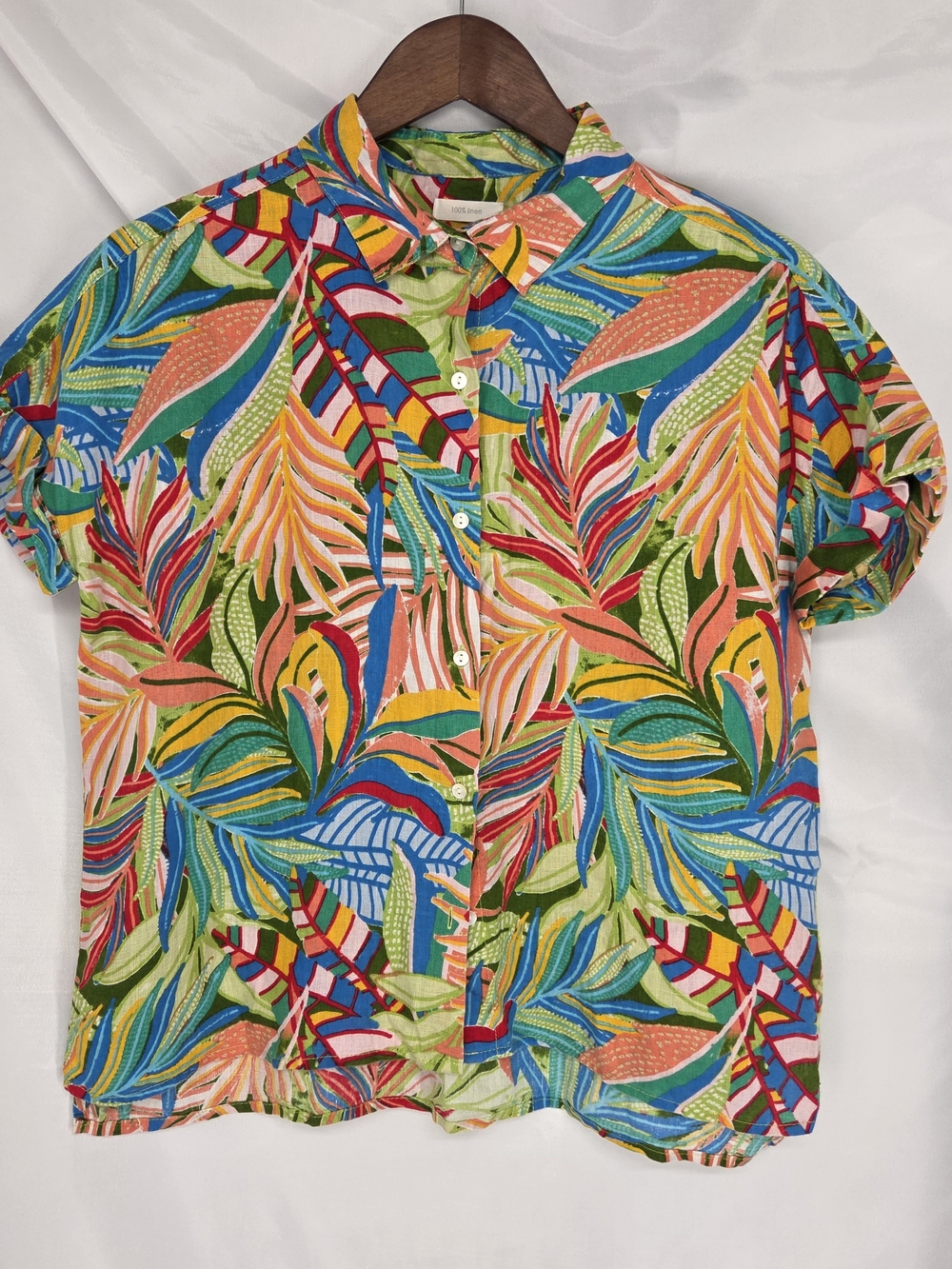 Tropical 100% Linen Floral Leaf Button Down Shirt S C&C California